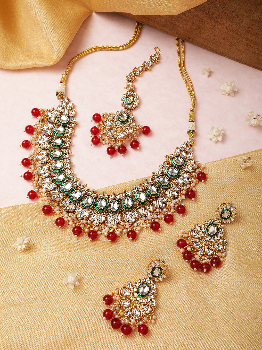 

MANSIYAORANGE Super Premium Luxe 22K Gold-Plated Kundan & Beaded Jewellery Set, Red