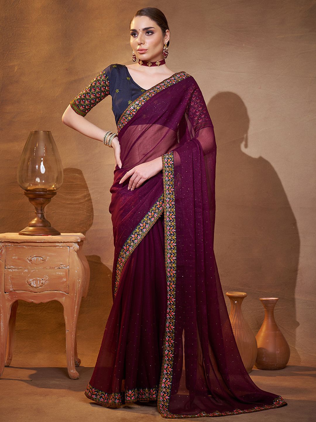 

Mitera Embellished Embroidered Saree, Purple