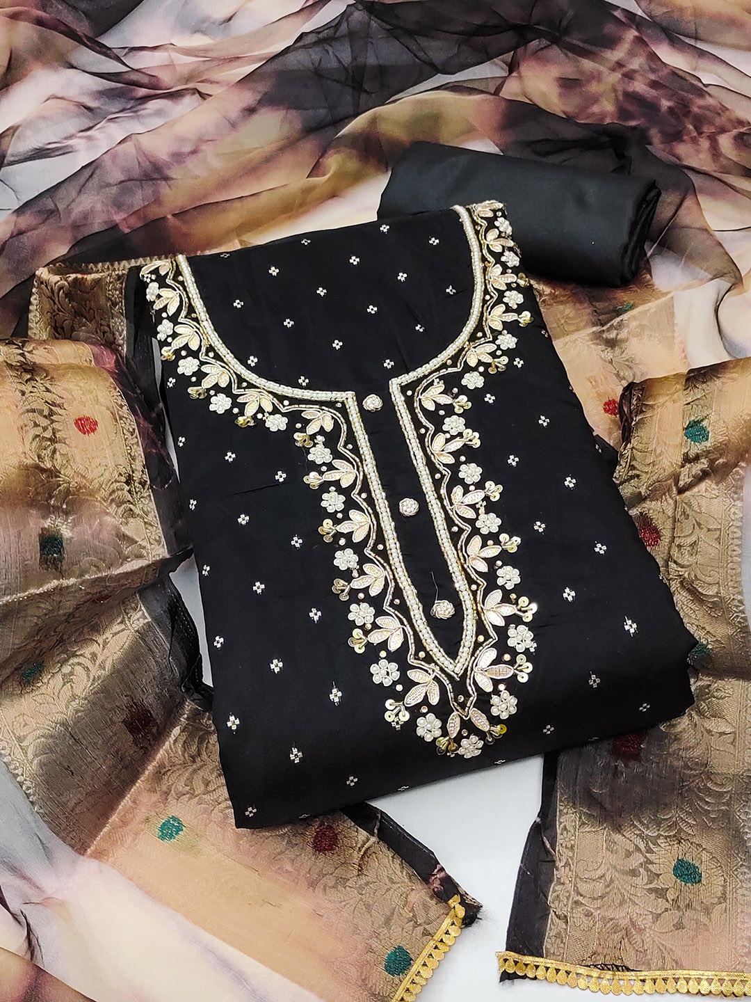 

SHADOW & SAINING Floral Woven Design Beads Work Cotton Jacquard Unstitched Dress Material, Black