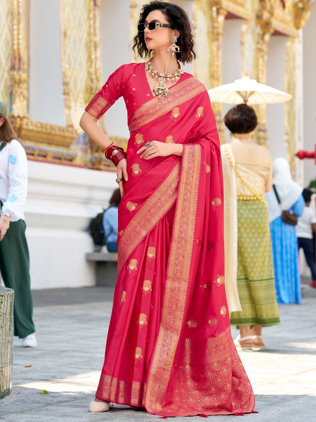 

MAHALASA Ethnic Motifs Woven Design Zari Pure Silk Banarasi Saree, Pink