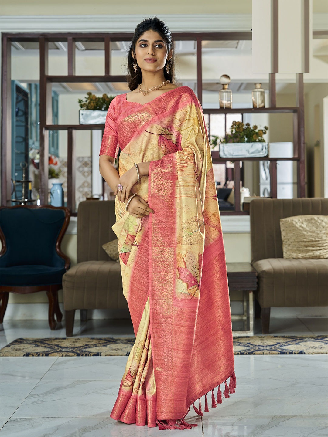 

MAHALASA Women Woven Design Zari Saree, Yellow