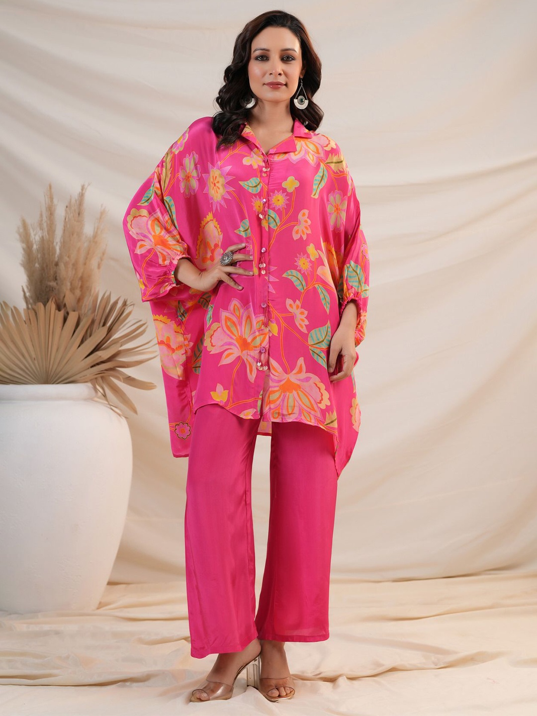 

JISORA Printed Russian Silk Co-Ords Set, Pink