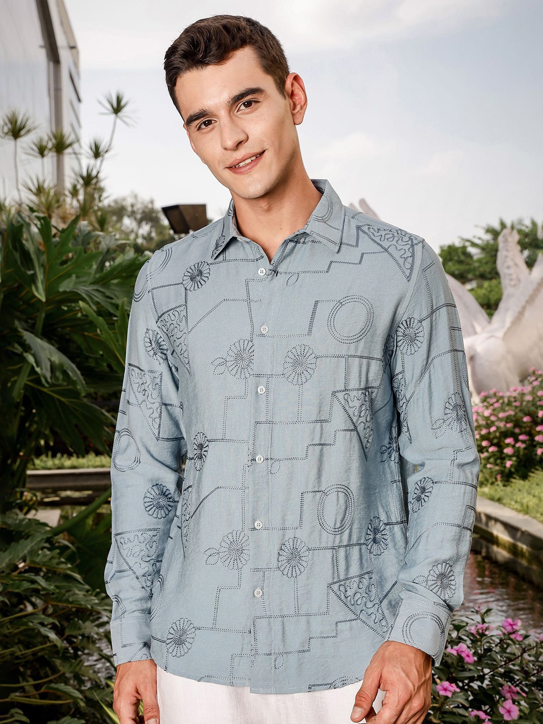 

Thomas Scott Men Regular Fit Long Sleeves Embroidered Shirt, Blue