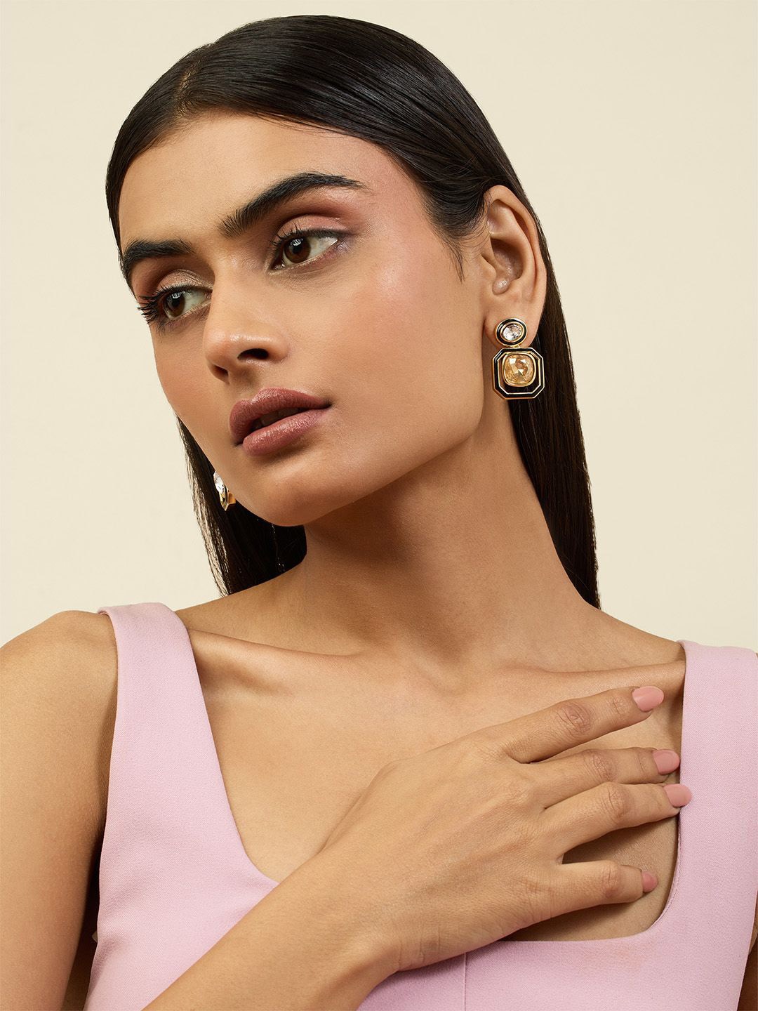 

Isharya 18KT Gold Plated Crystals Studded Geometric Oceanus Mismatched Drop Earrings