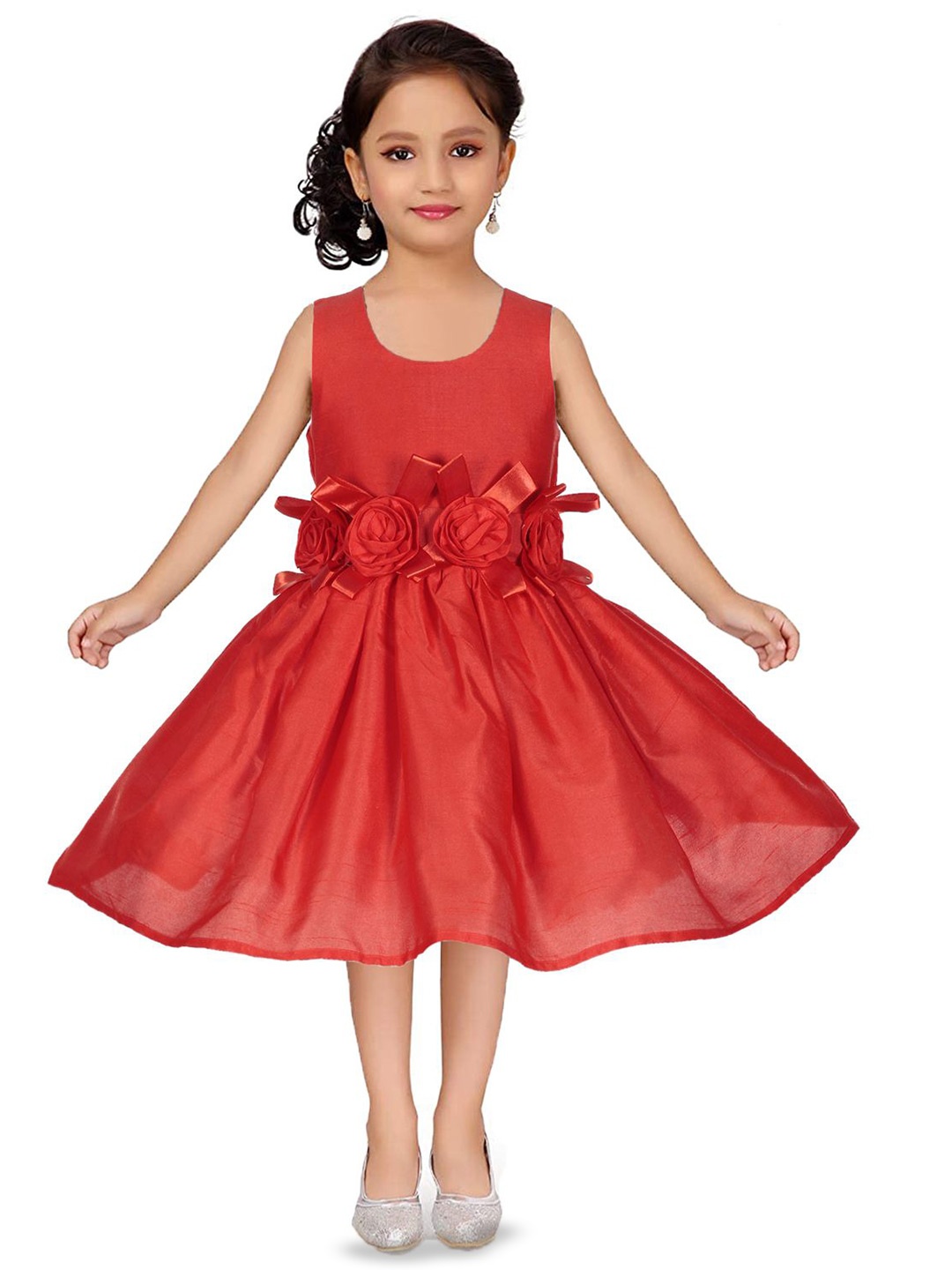 

Wow Princess Girl Round Neck Sleeveless Applique Knee Length Fit and Flare Dress, Red