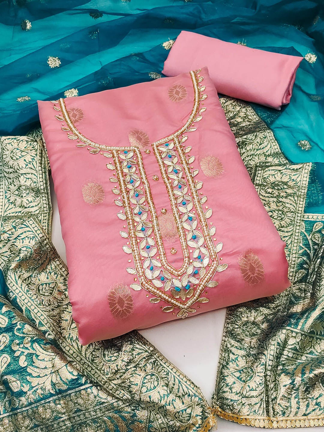 

SHADOW & SAINING Ethnic Motifs Woven Design Organza Jacquard Semi-Stitched Dress Material, Pink