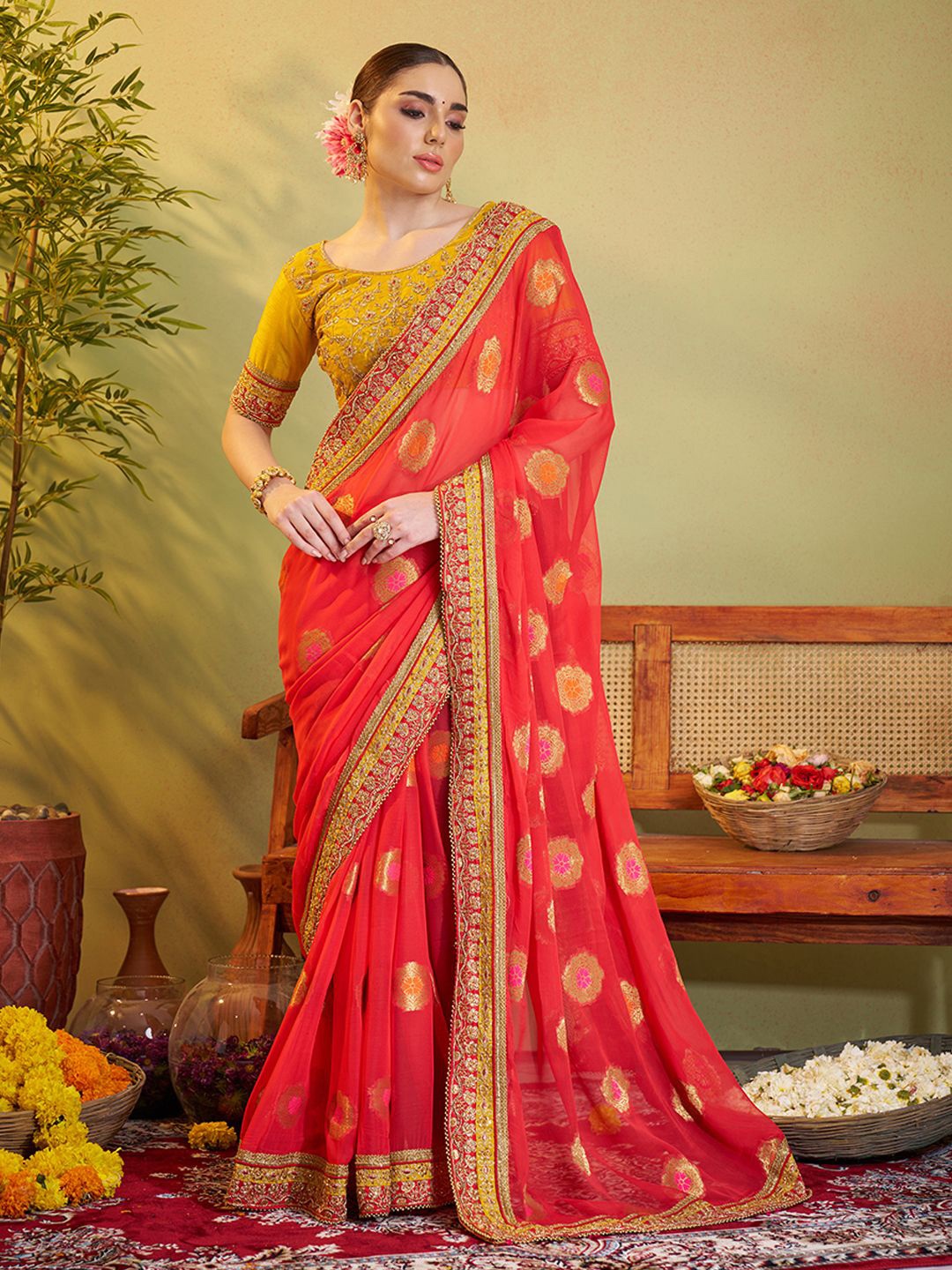

Kalista Floral Embroidered Satin Silk Saree, Red