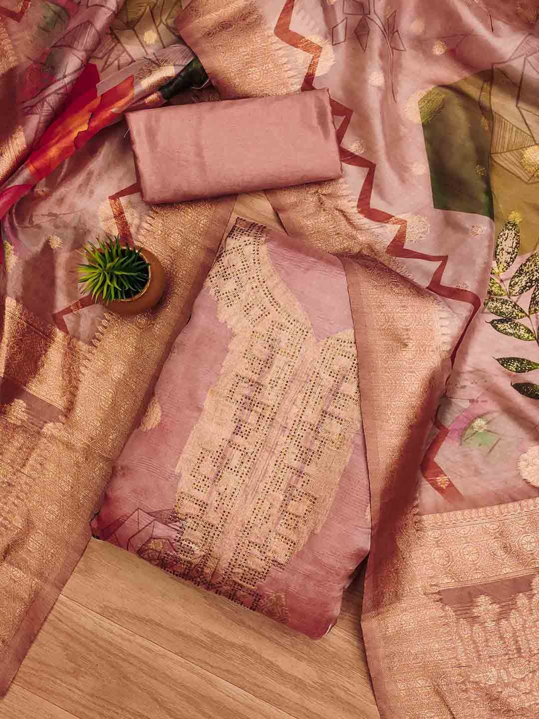 

SHADOW & SAINING Woven Design Stone Work Organza Unstitched Dress Material, Peach