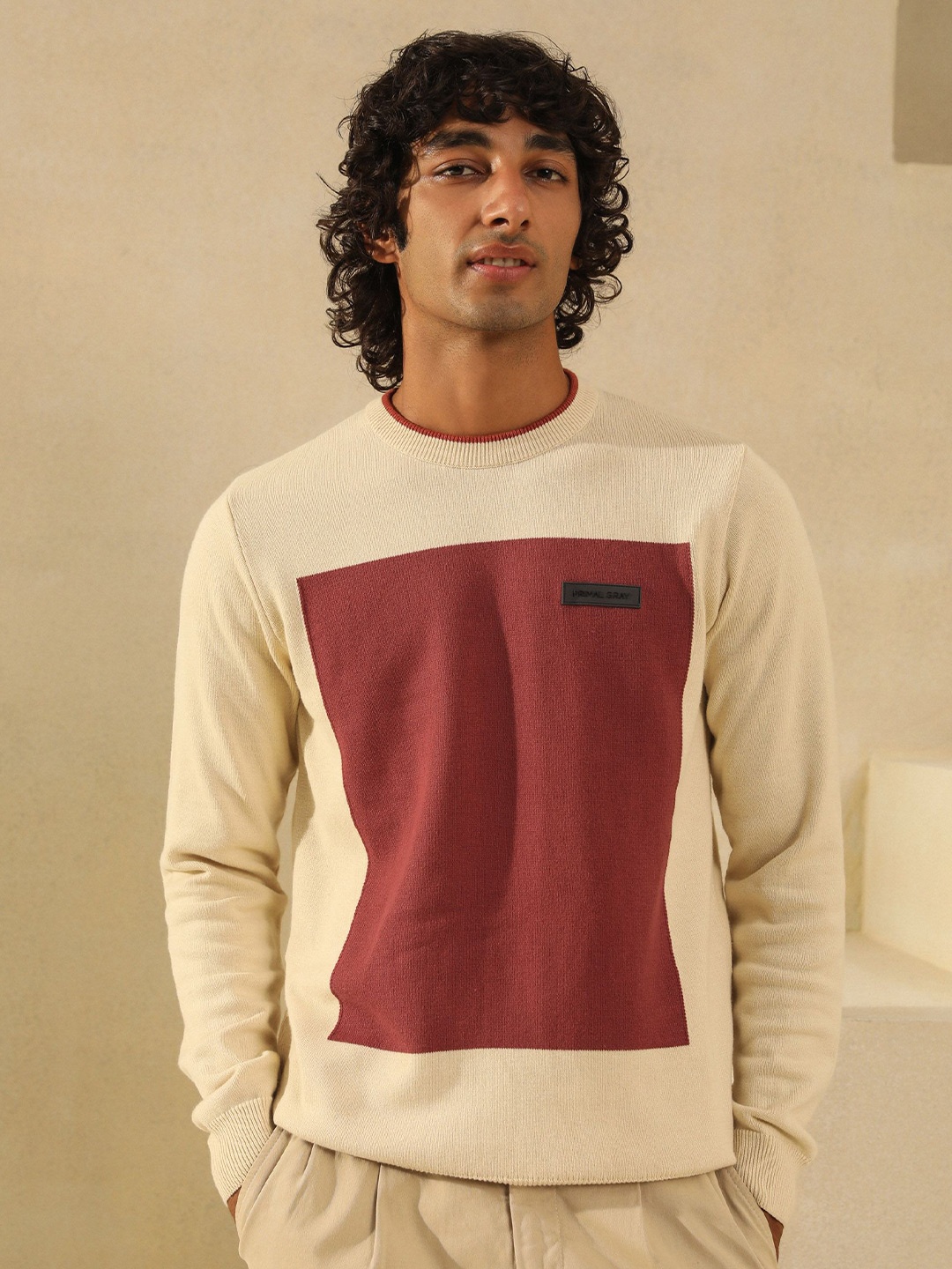 

PRIMAL GRAY Men Colourblocked Cotton Pullover, Cream