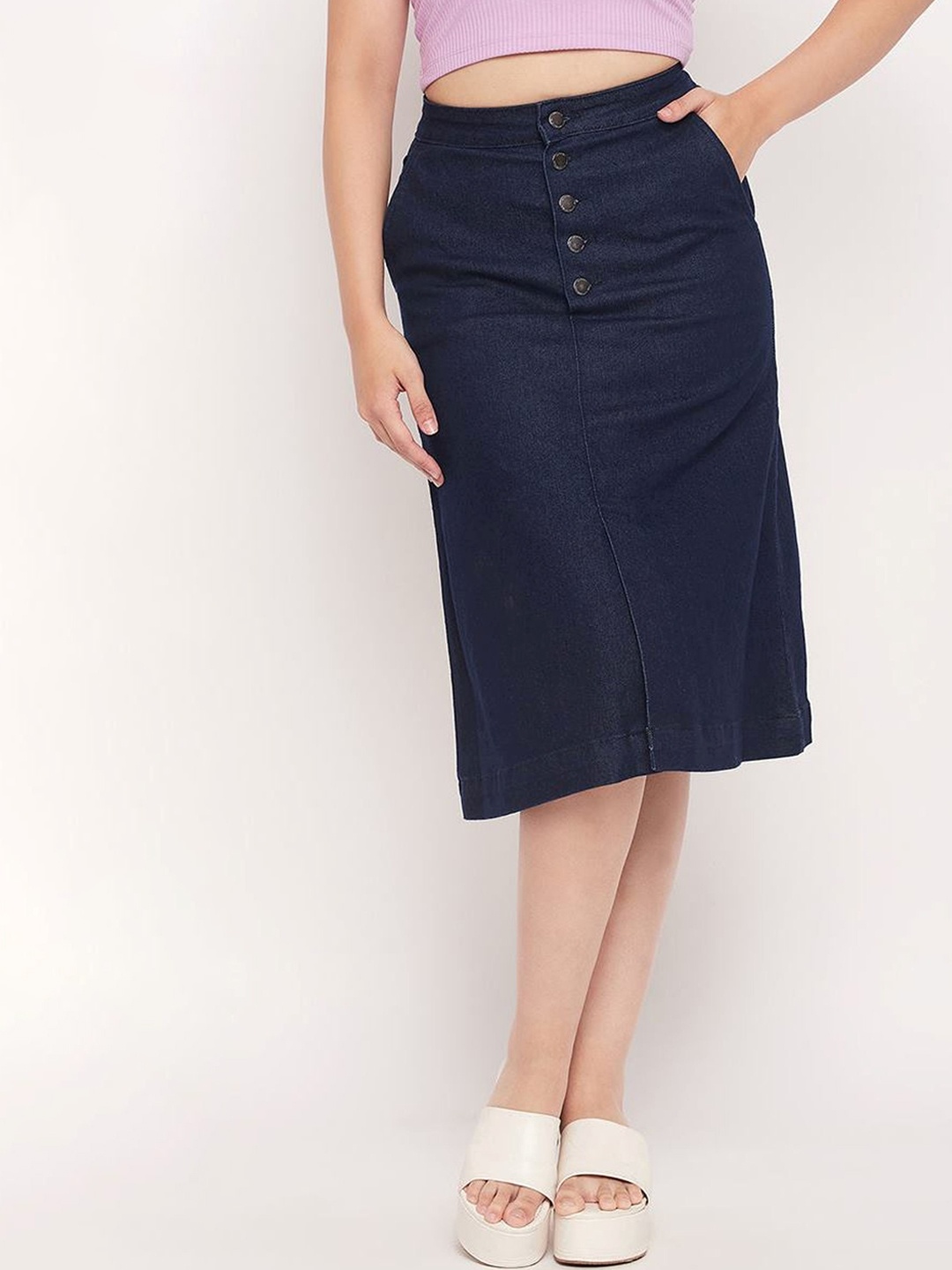 

Tripursundari Fashion Women Denim Front Pocket Buttoned A-Line Midi Skirt, Navy blue