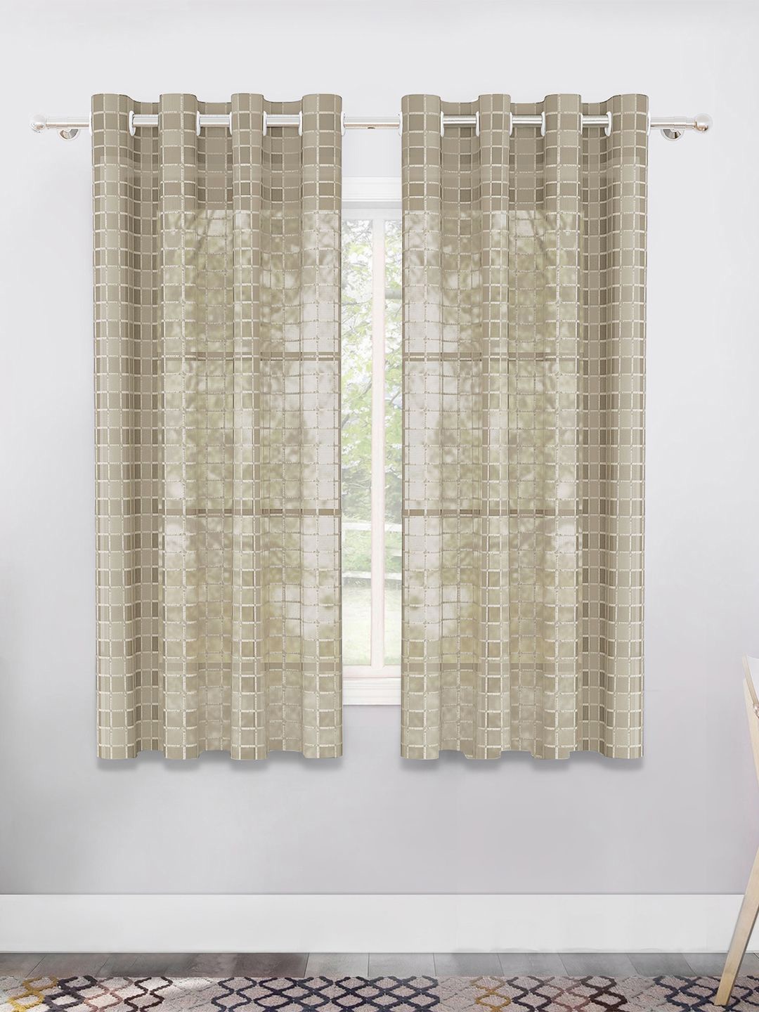 

Story@home Serene Brown & Silver-Toned Set of 2 Geometric Sheer Window Curtains