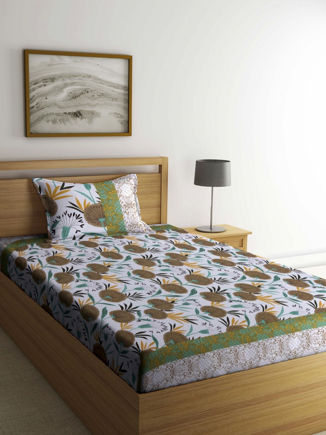 

Myntra Elegant Homes White & Brown Ethnic Motifs 300 TC Single Bedsheet Set