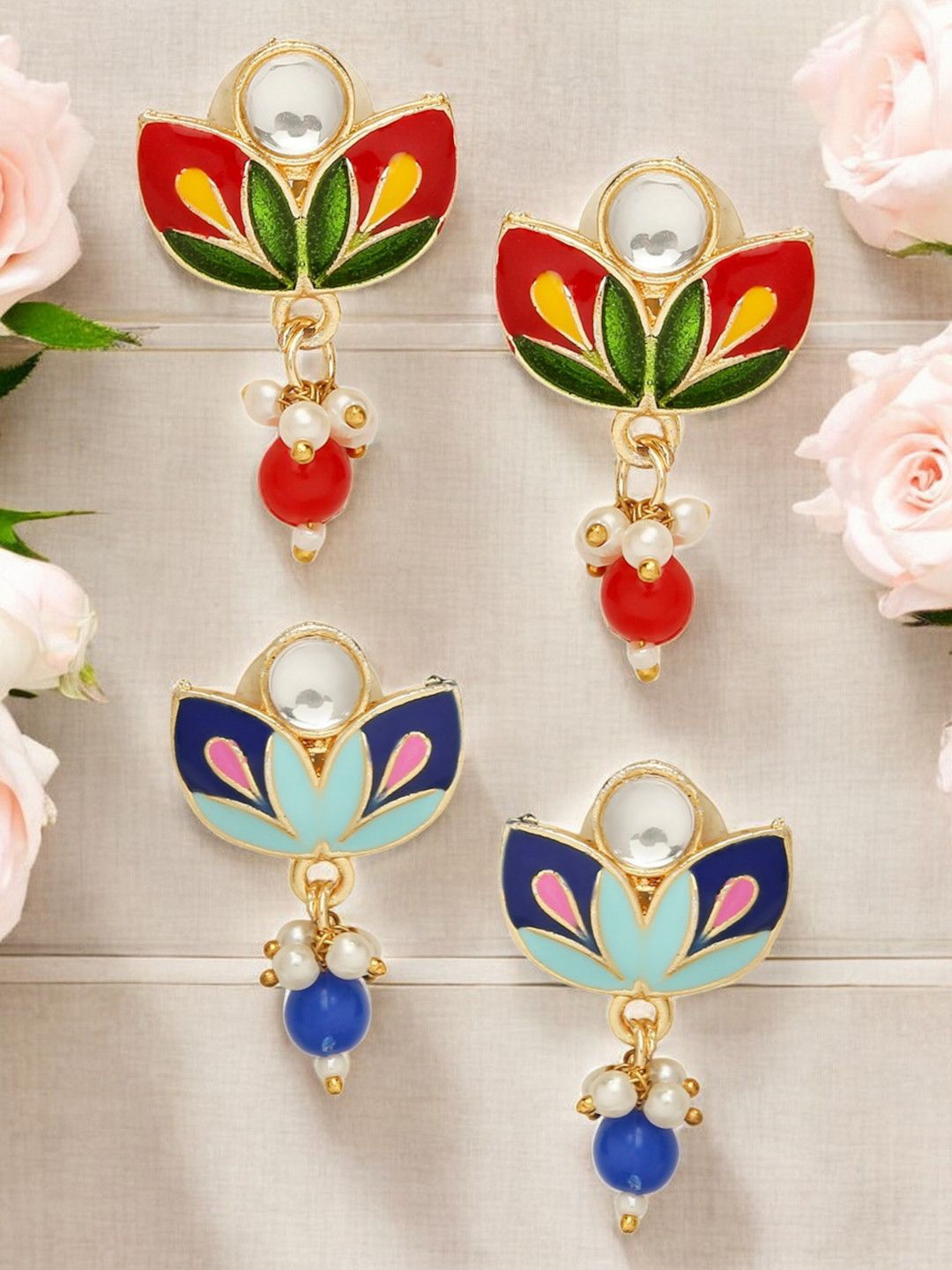 

Anouk Set Of 2 Artificial Stones Studded and Beaded Meenakari Floral Shaped Studs, Red