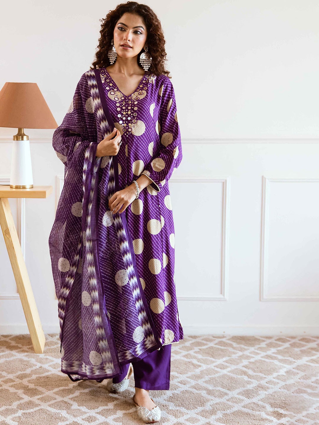 

DIVASTRI Geometric Printed Miror Work A-Line Kurta with Trousers & Dupatta, Purple