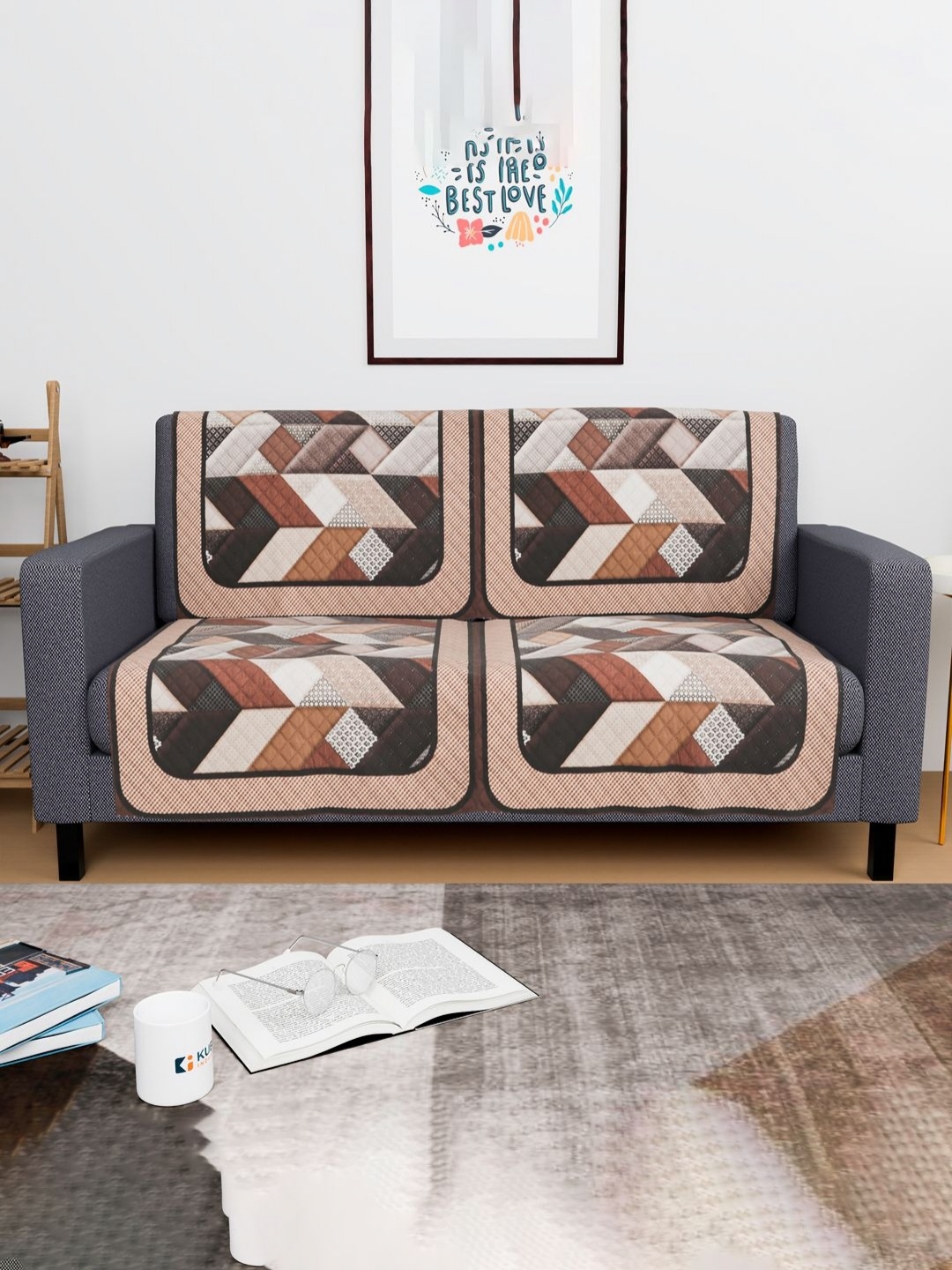 

Aura Cream-Coloured & Brown 4 Pieces Geometric Printed 2 Seater Velvet Sofa Covers