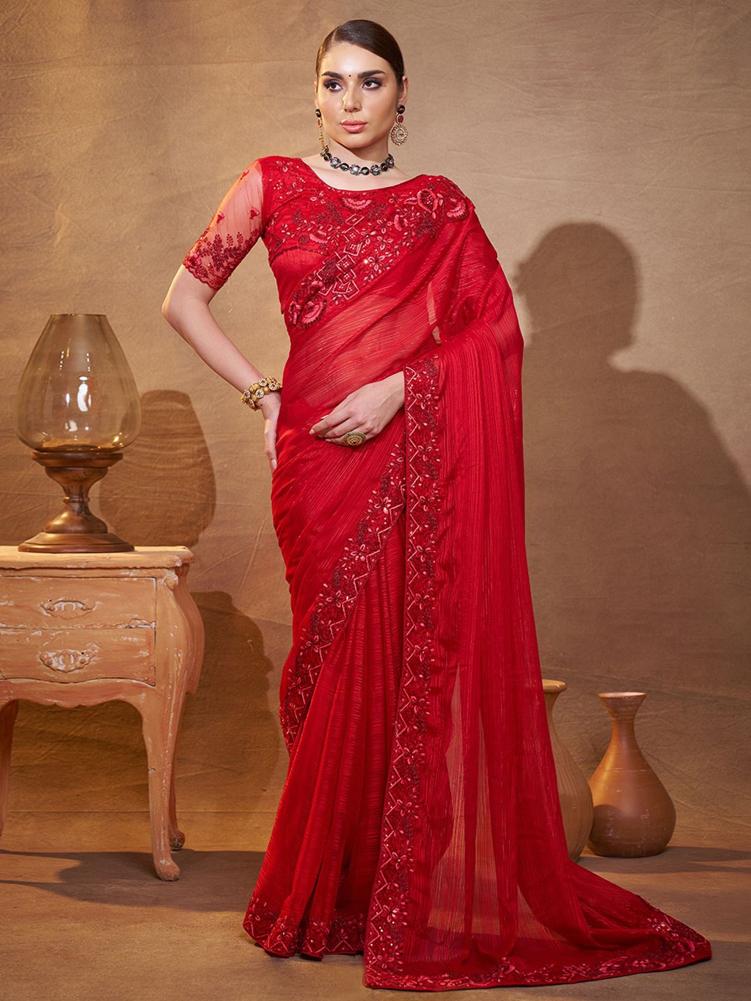 

Kalista Floral Embroidered Saree With Unstitched Blouse Piece, Red