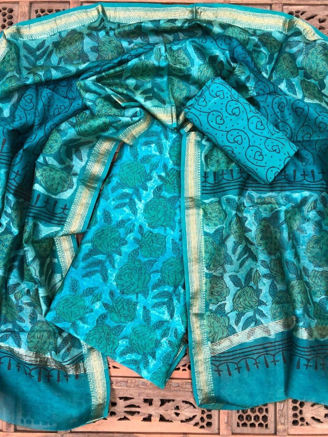 

PALASH Floral Block Printed Pure Silk Unstitched Dress Material, Blue