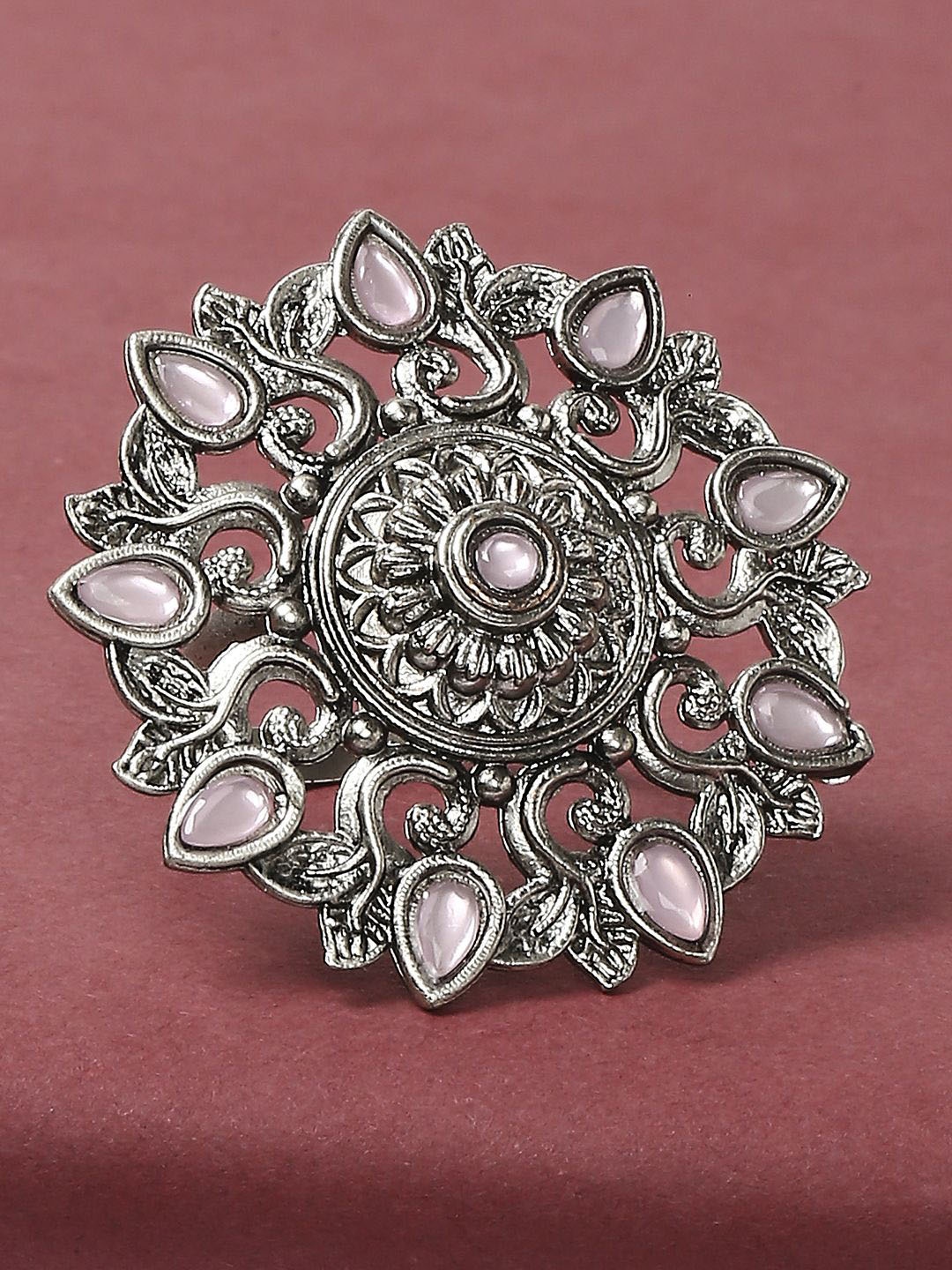 

Sangria Opal Stone-Studded Tribal / Afghan Theme Adjustable Finger Ring, Silver