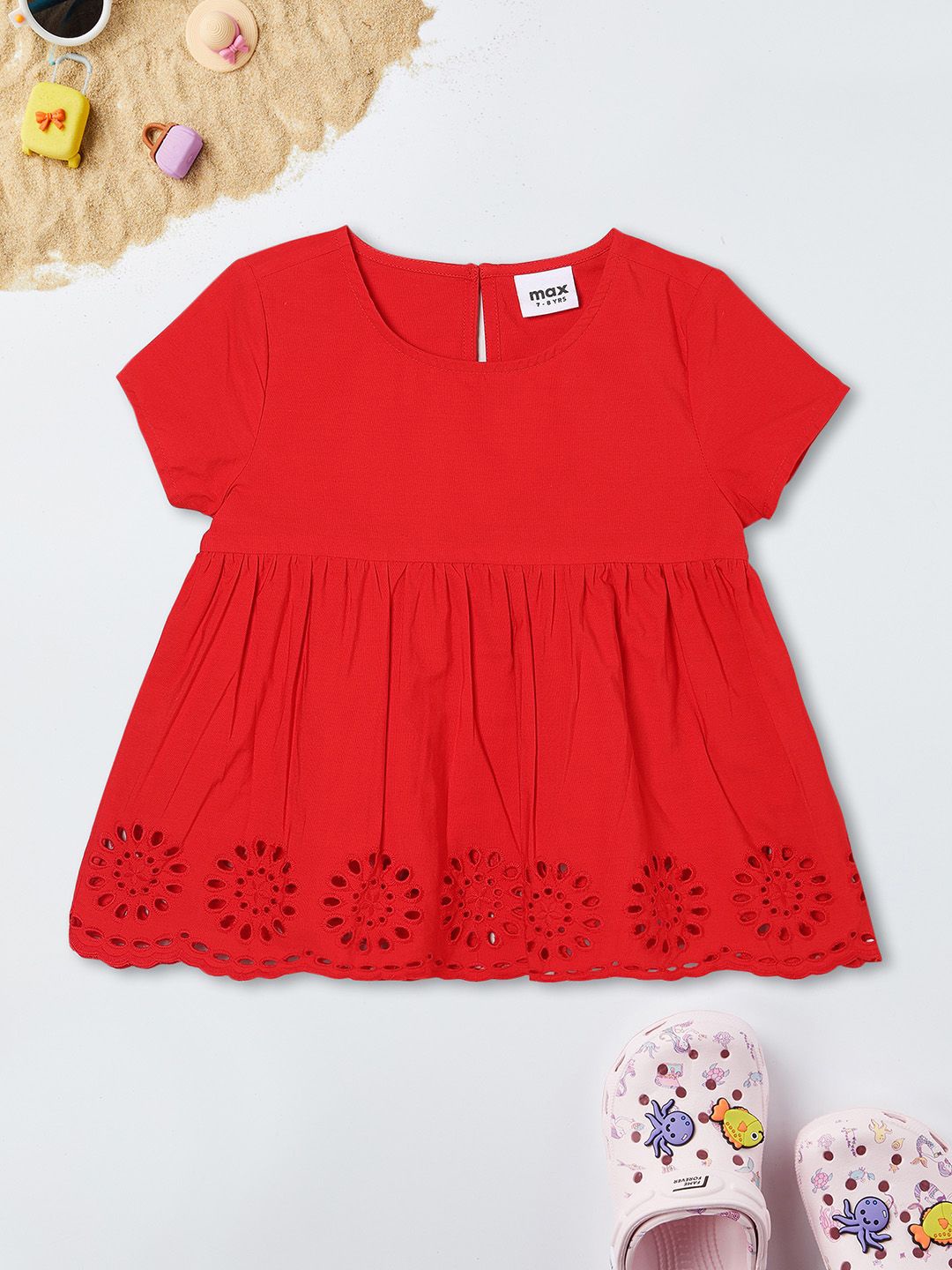 

max Cotton Solid Pattern Top, Red