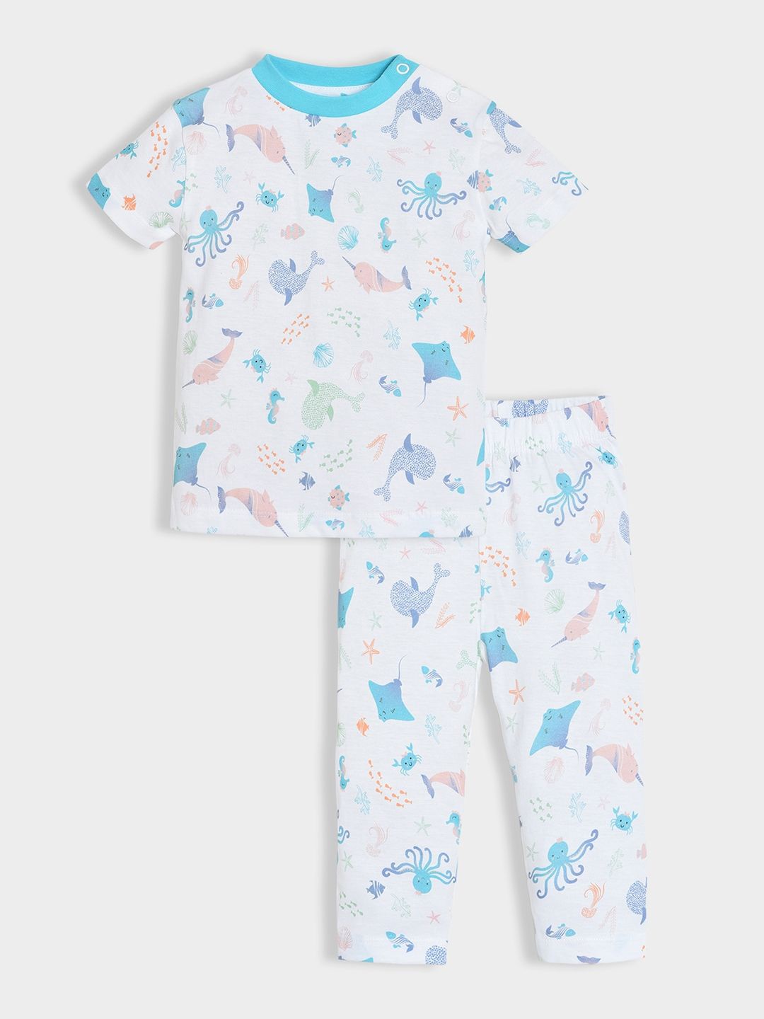 

MiArcus Kids Sea World Theme Printed Round Neck Pure Cotton T-shirt With Trousers, White