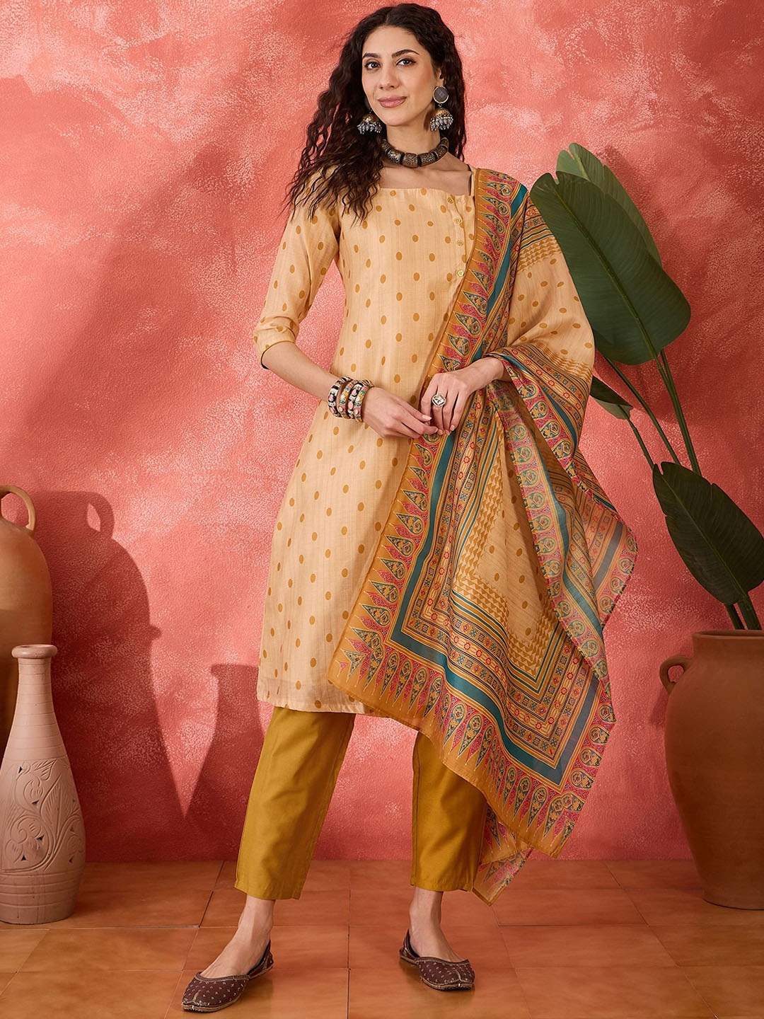 

Sangria Polka Dots Printed A-Line Kurta with Trouser & Dupatta, Cream