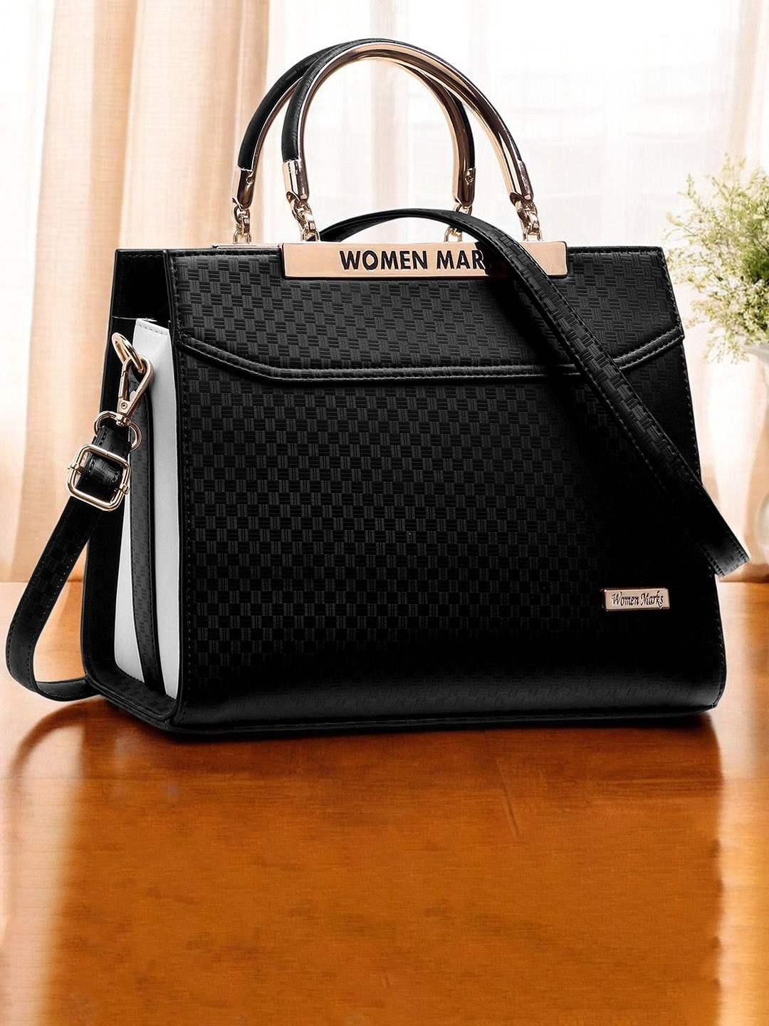 

WOMEN MARKS Textured PU Structured Handheld Bag with Cut Work, Black
