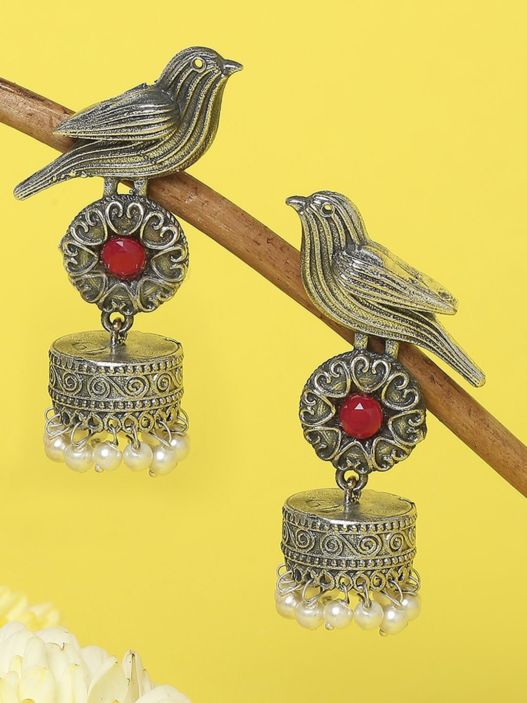 

Sangria Stones Studded & Pearls Beaded Alike Bird Design Dome Shaped Oxidised Jhumkas, Silver