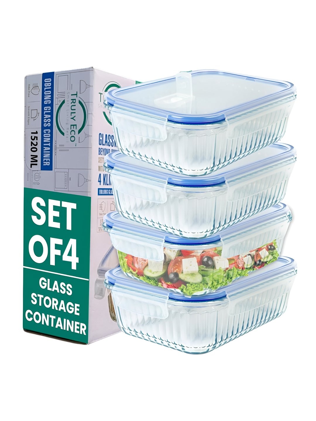 

Truly Eco Smart Living Retail Transparent 4 Pieces Glass Fridge Containers 1.52L Each