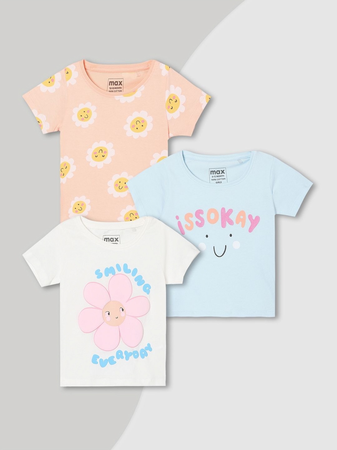 

max Girls Pack of 3 Typography Printed Round Neck Cotton T-shirts, White