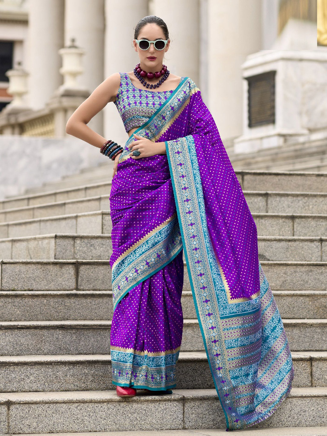 

MAHALASA Woven Design Zari Pure Silk Banarasi Saree, Purple