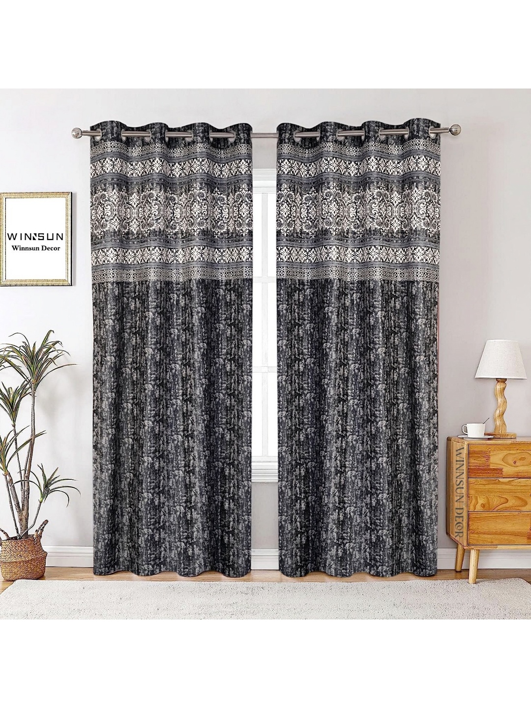 

Winnsun Grey & White 2 Pieces Floral Printed Room Darkening Door Curtains