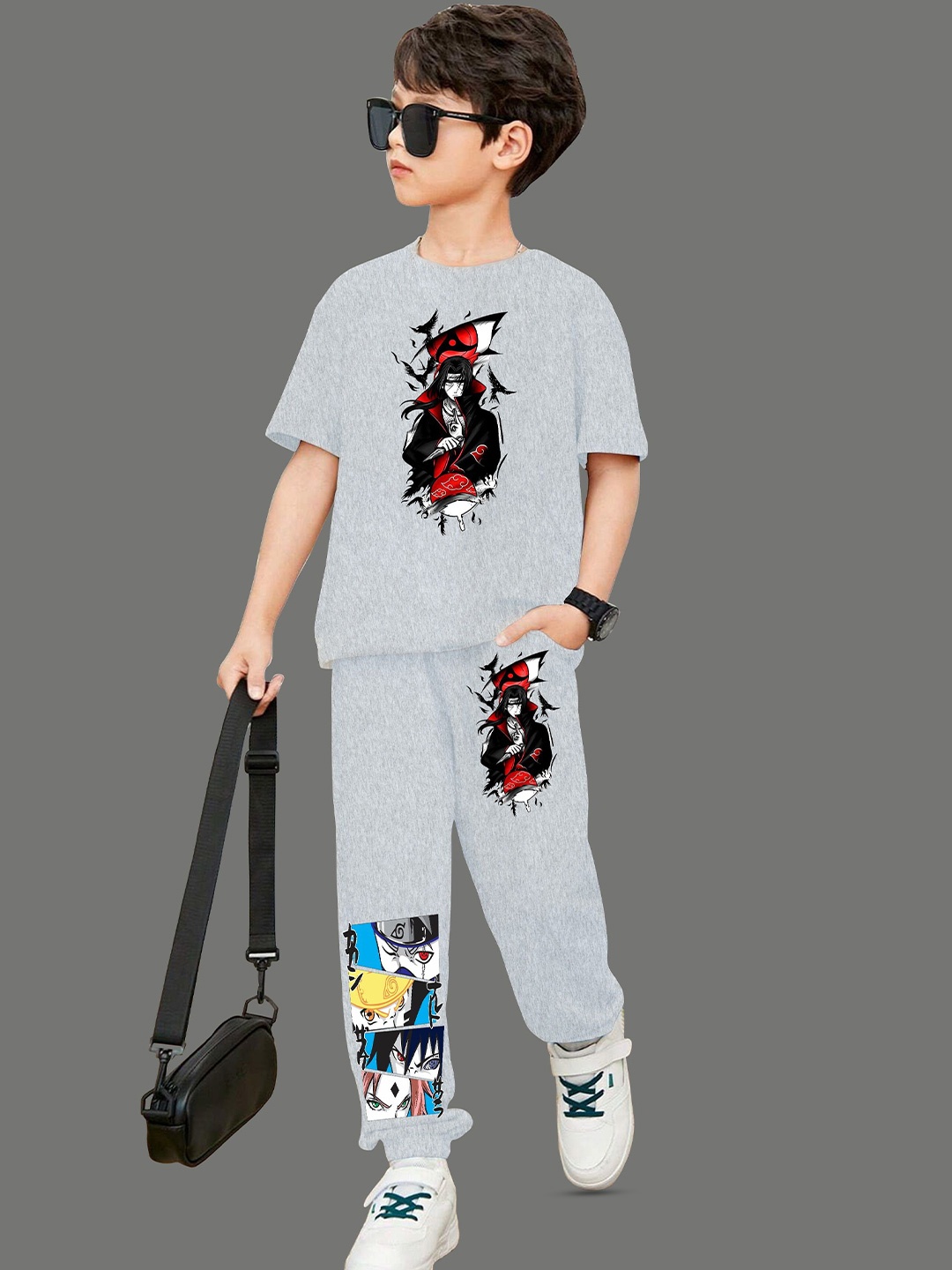 

MODARUE Boys Anime Printed Round Neck T-shirt With Joggers, Grey