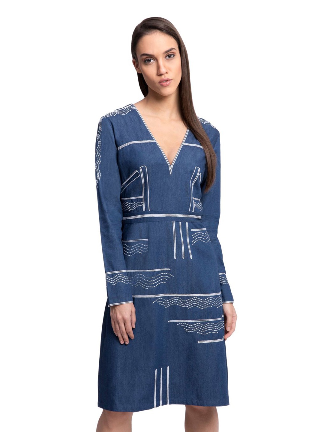 

The Sancy Abstract Print Denim A-Line Dress, Blue