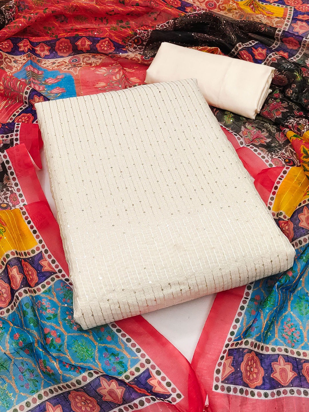 

SHADOW & SAINING Sequinned Thread Work Chanderi Cotton Unstitched Dress Material, White