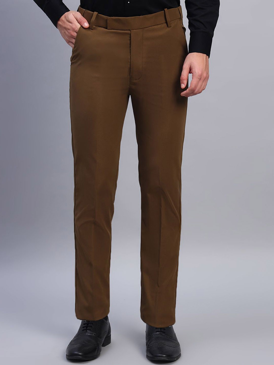 

AXNIS Men Ultra Slim Fit Mid-Rise Formal Trousers, Brown