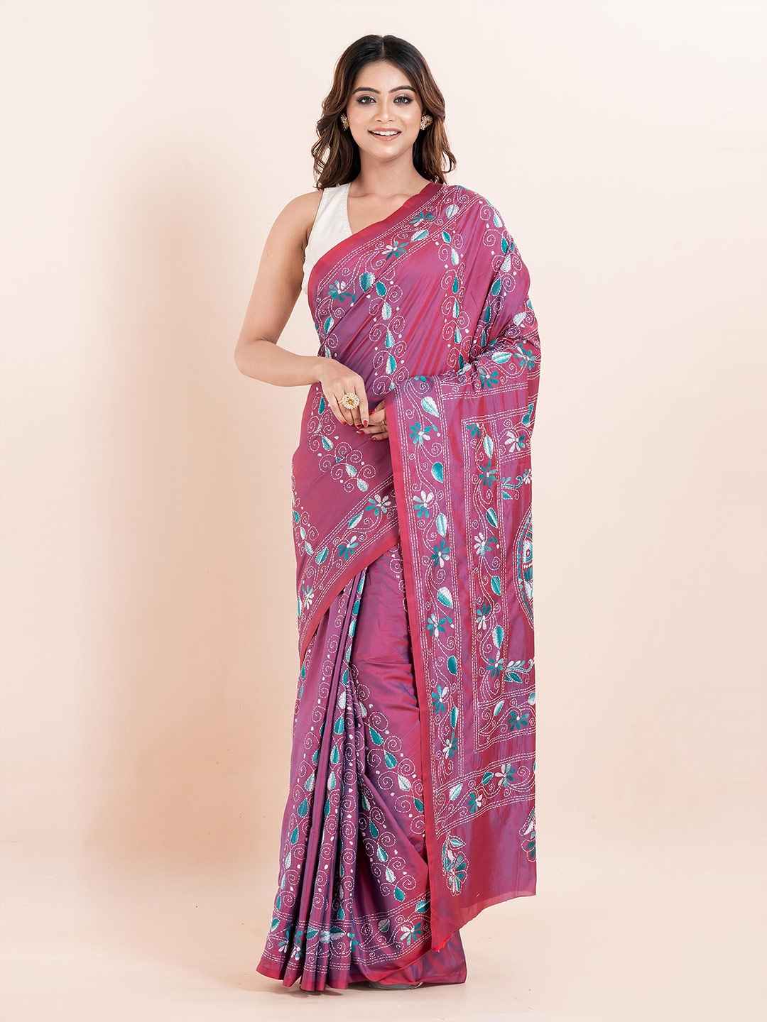 

PUKU Ethnic Motifs Kantha Work Embroidered Heavy Work Saree, Pink