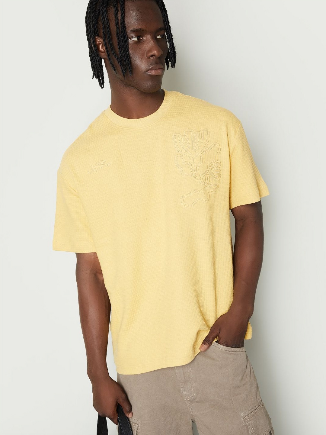 

max Men Self Design Round Neck Cotton T-shirt, Yellow
