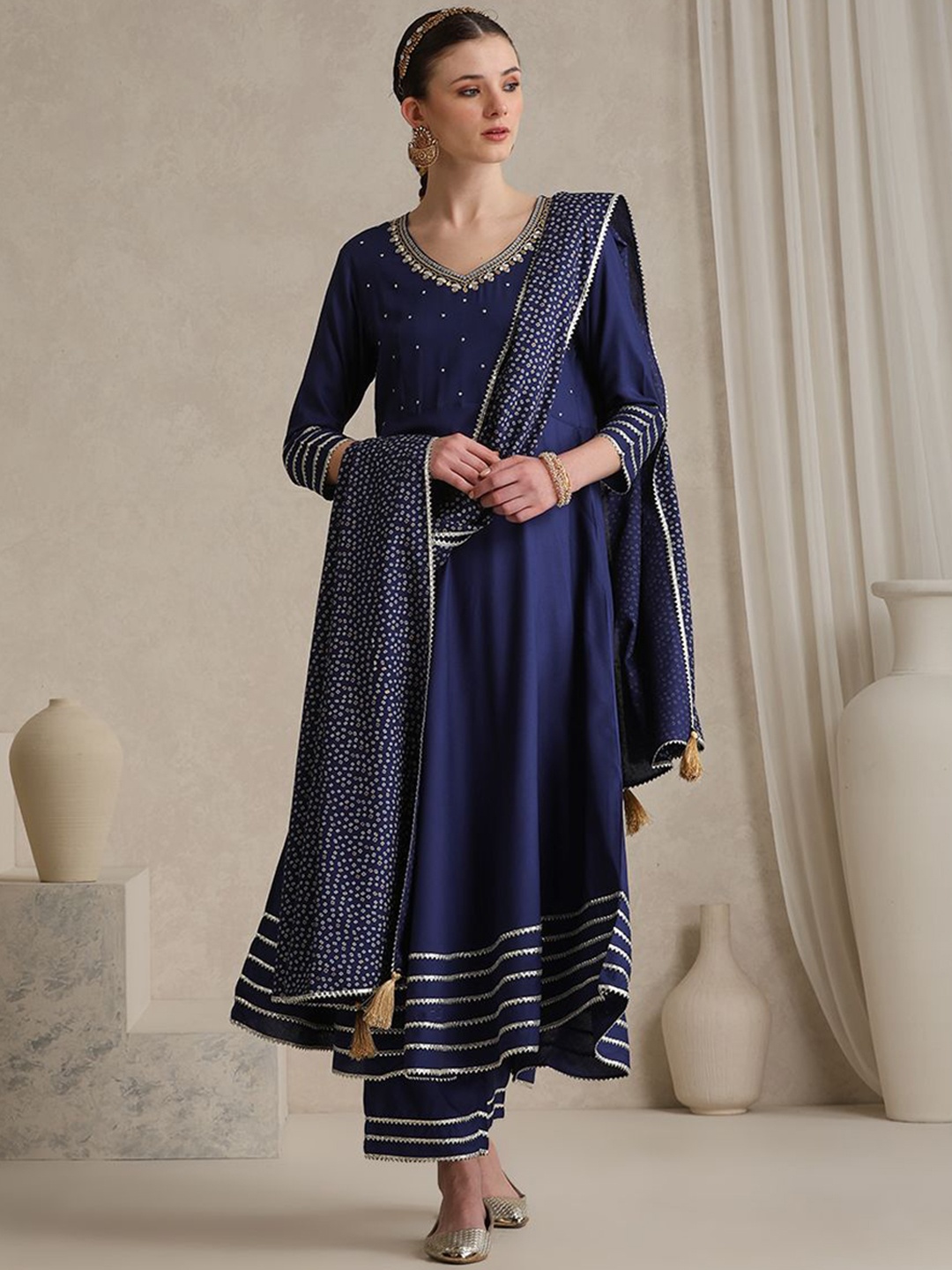 

Khushal K Women Embroidered Regular Kurta with Palazzos & With Dupatta, Blue