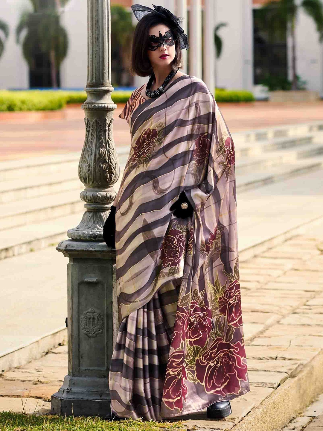 

Mitera Floral Satin Saree, Beige