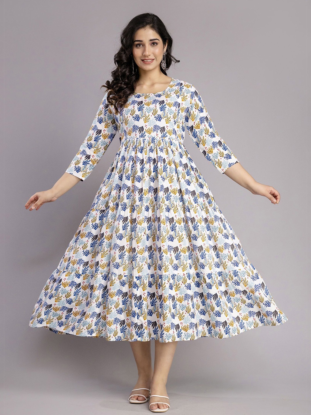 

DEVEK Women Floral Printed Round Neck Maternity Fit & Flare Maxi Dress, White