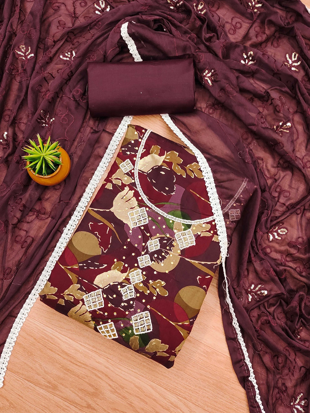 

SHADOW & SAINING Floral Printed Pure Cotton Unstitched Dress Material, Brown