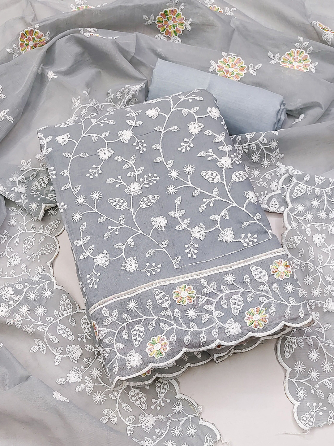 

SHADOW & SAINING Floral Embroidered Thread Work Unstitched Dress Material, Grey