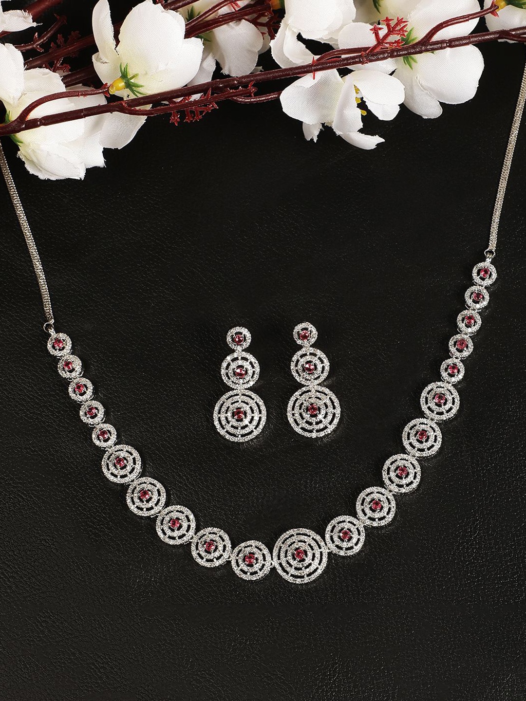 

justpeachy Rhodium-Plated American Diamond Stone Studded Jewellery Set, Silver