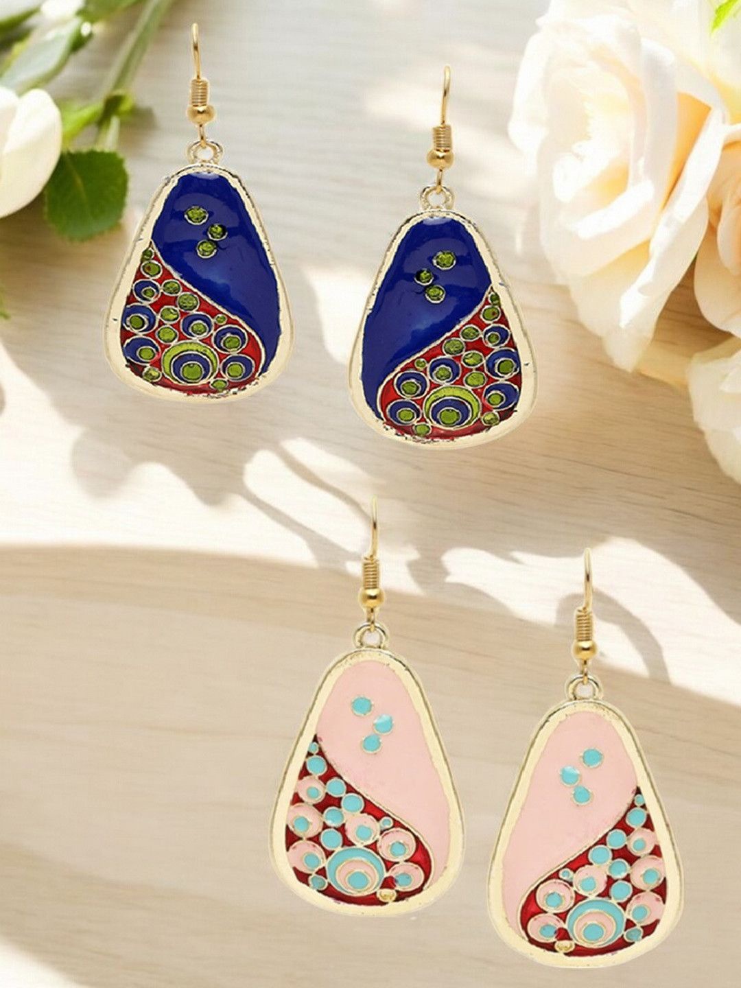 

Anouk Set Of 2 Geometric Shaped Meenakari Drop Earrings, Blue