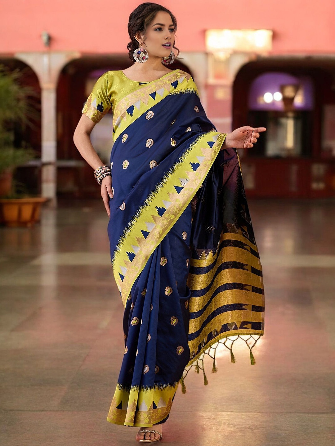 

KIMISHA Ethnic Motifs Woven Design Zari Saree, Navy blue