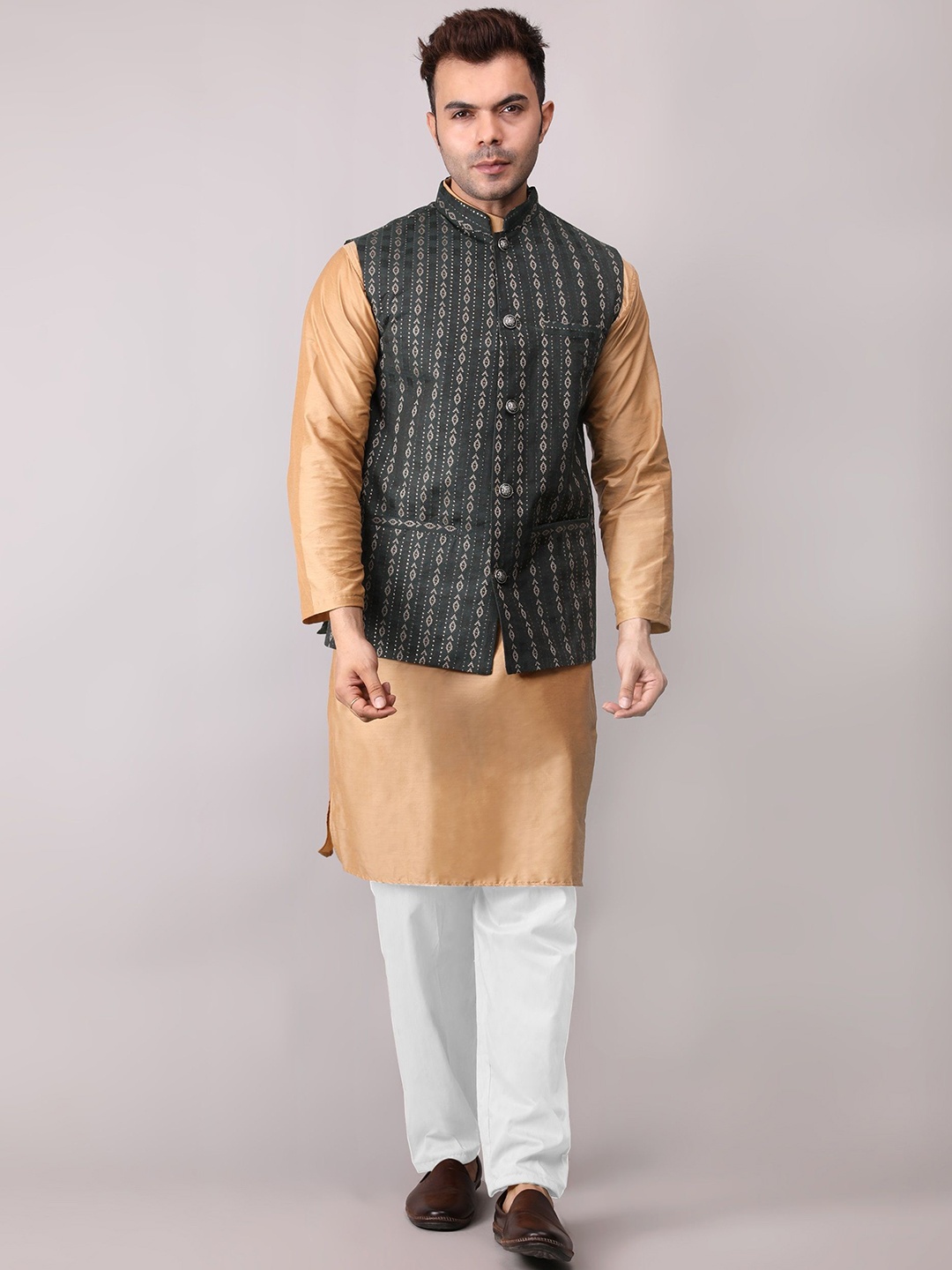 

Voniry Mandarin Collar Jacquard Weave Straight Kurta with Pyjamas & Nehru jacket, Yellow