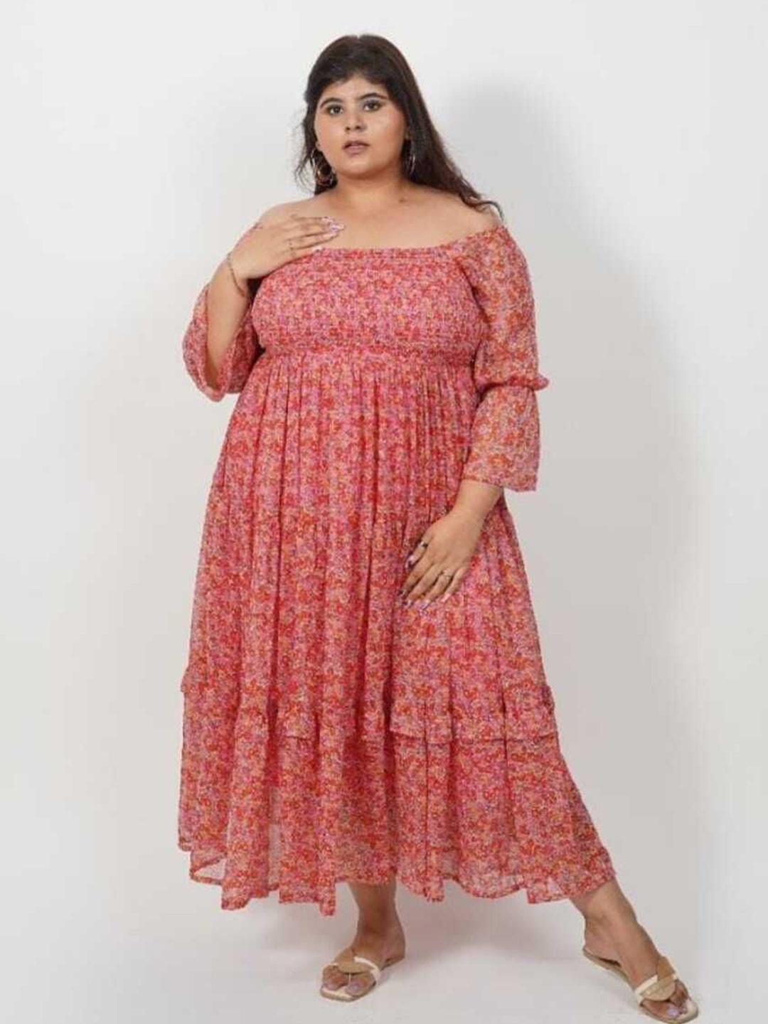 

XOXO Cherry Floral Print Square Neck Bell Sleeves Smocked Fit & Flare Maxi Dress, Pink