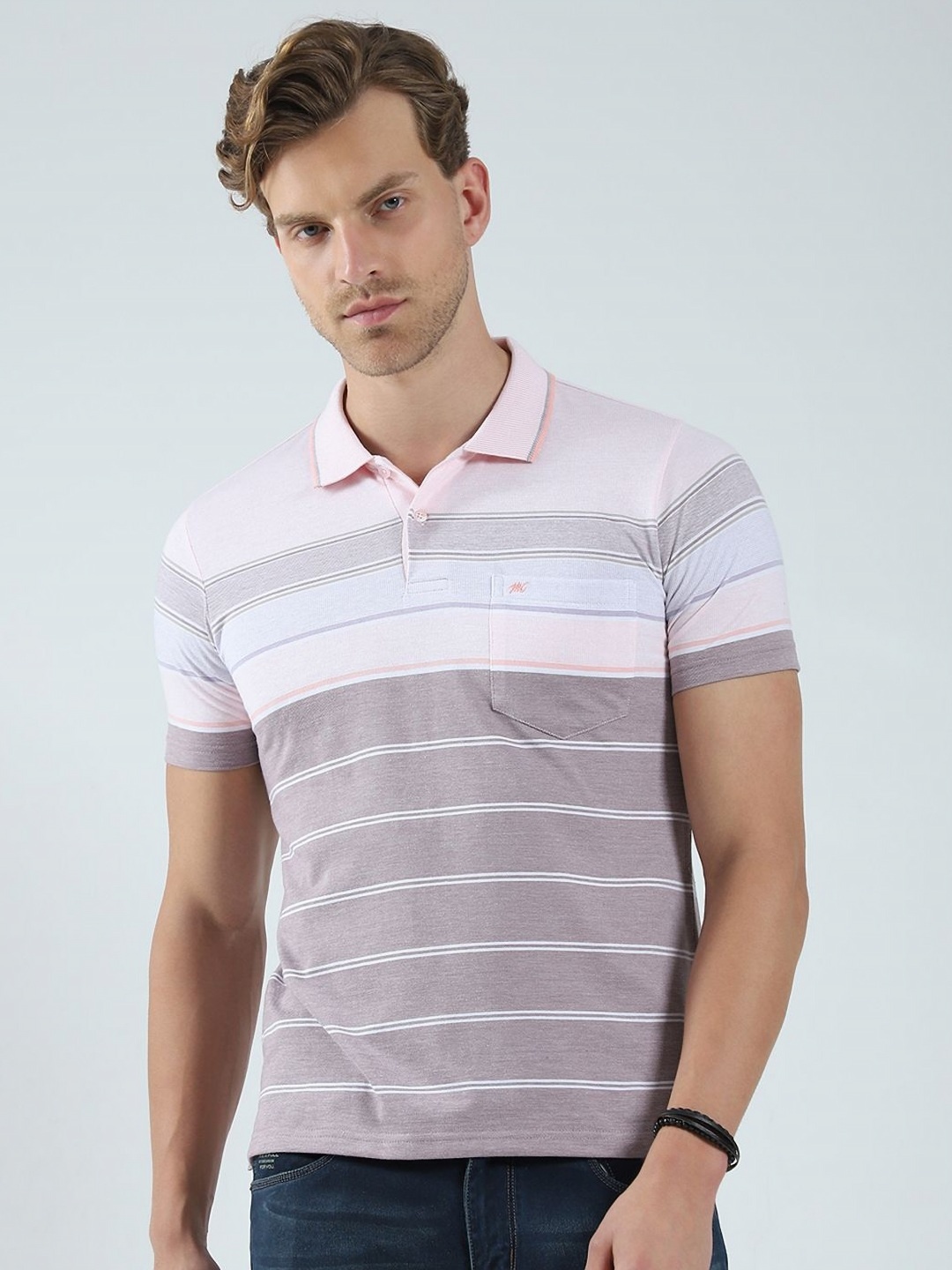 

Monte Carlo Men Striped Polo Collar Pockets T-shirt, Pink