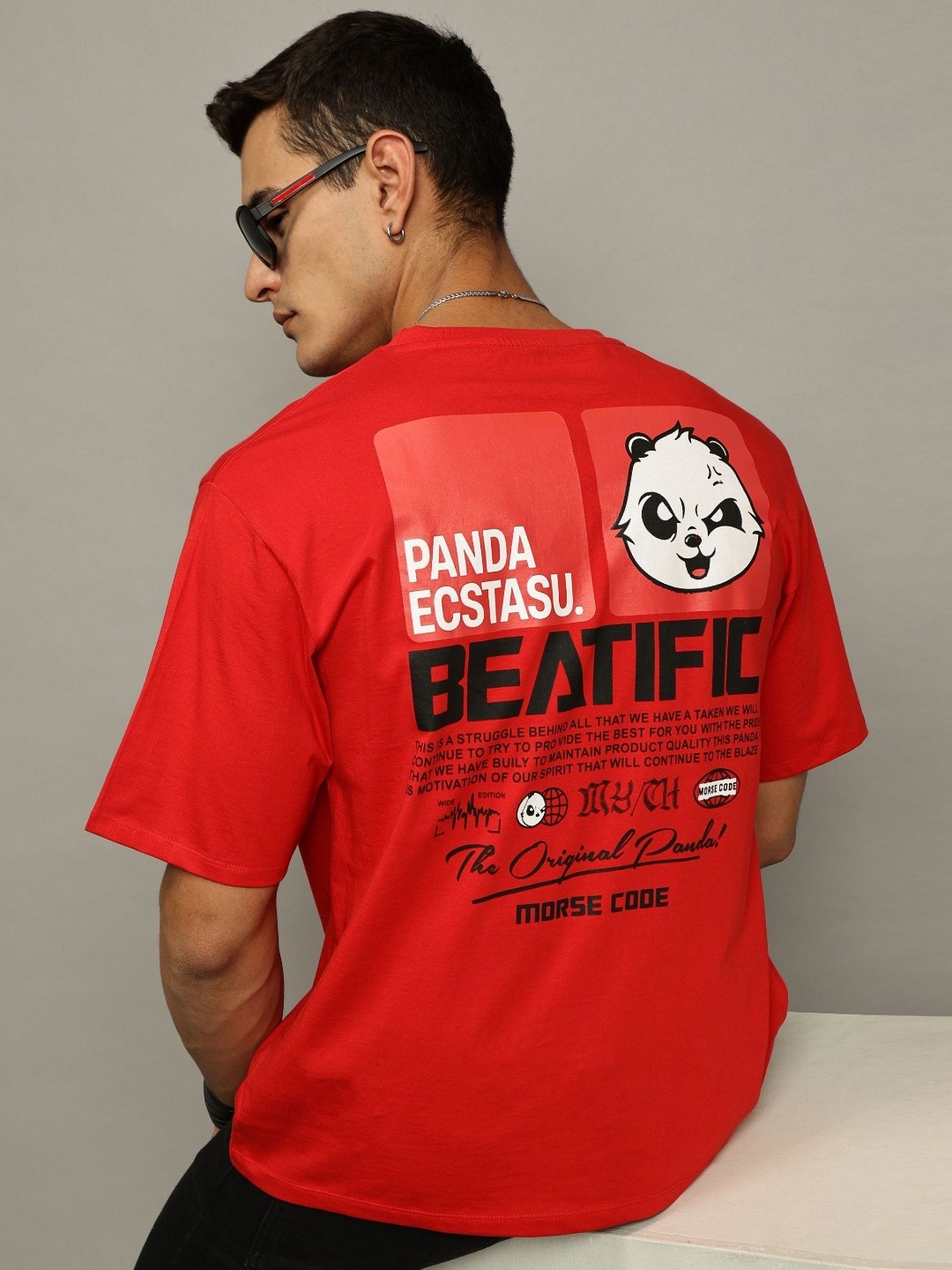 

MORSE CODE Men Printed Drop-Shoulder Sleeves T-shirt, Red