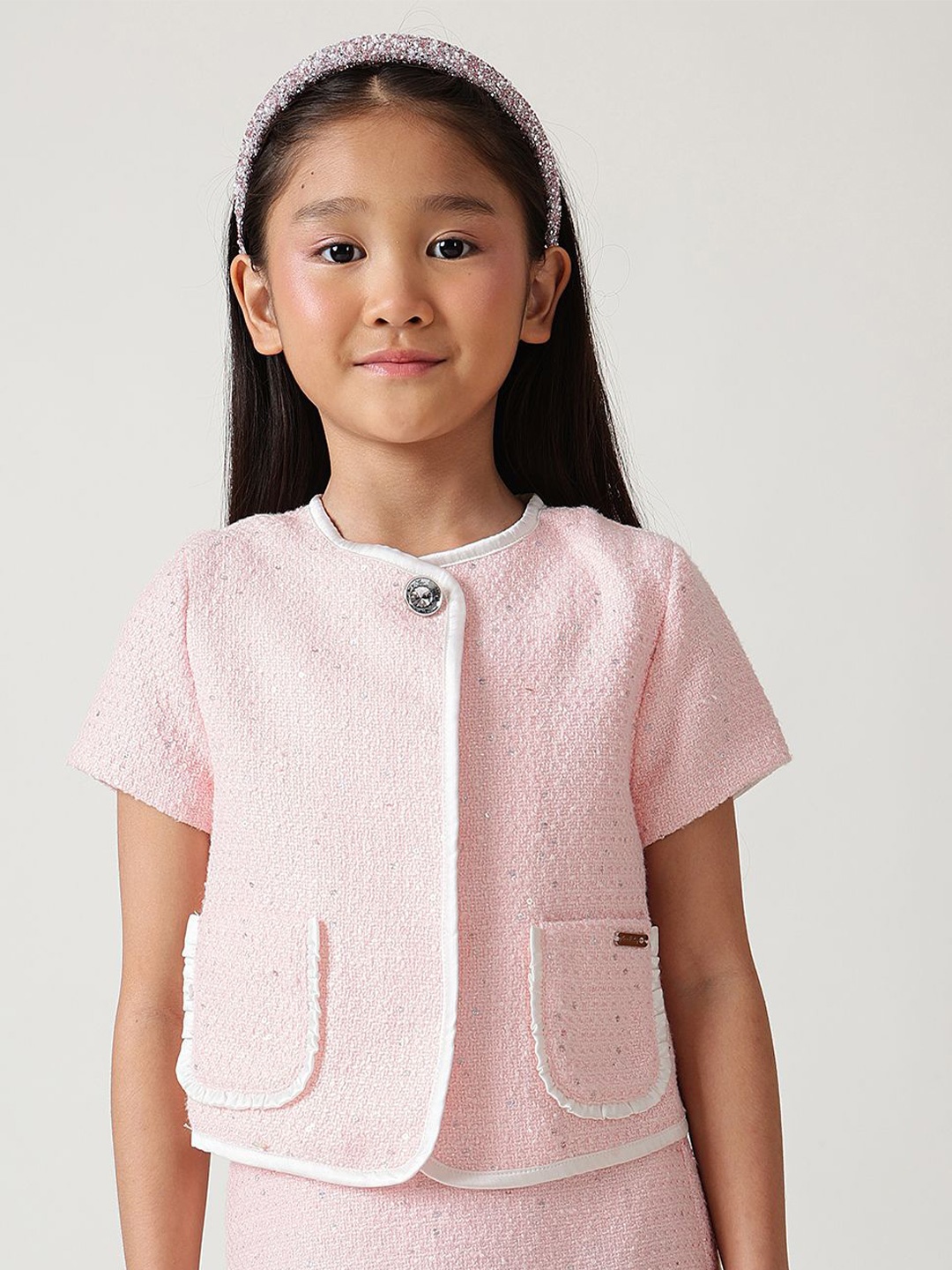 

One Friday Girls Polyester Open Front Jacket with Patchwork, Pink